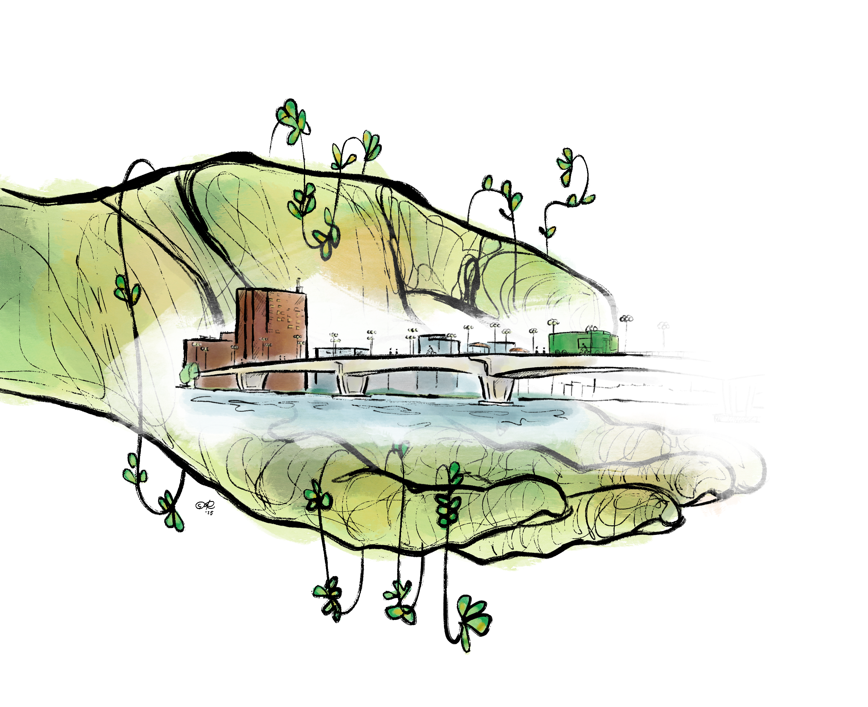 Kuvituskuva_vihreä käsi pitelee jyväskylän kaupunkisiluettia kädessään